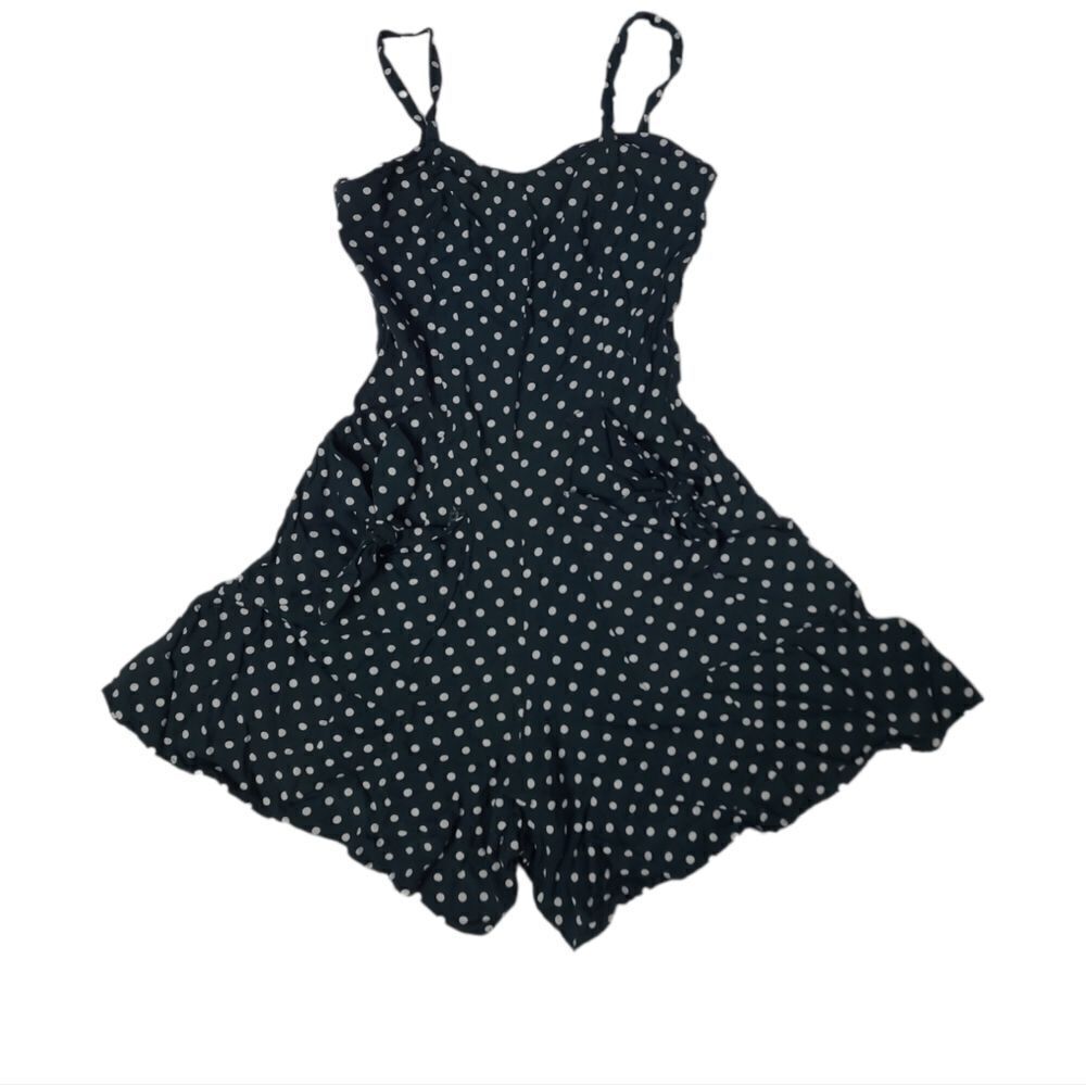 VINTAGE 90s forest green white polka dot strappy pinup romper with pockets XS